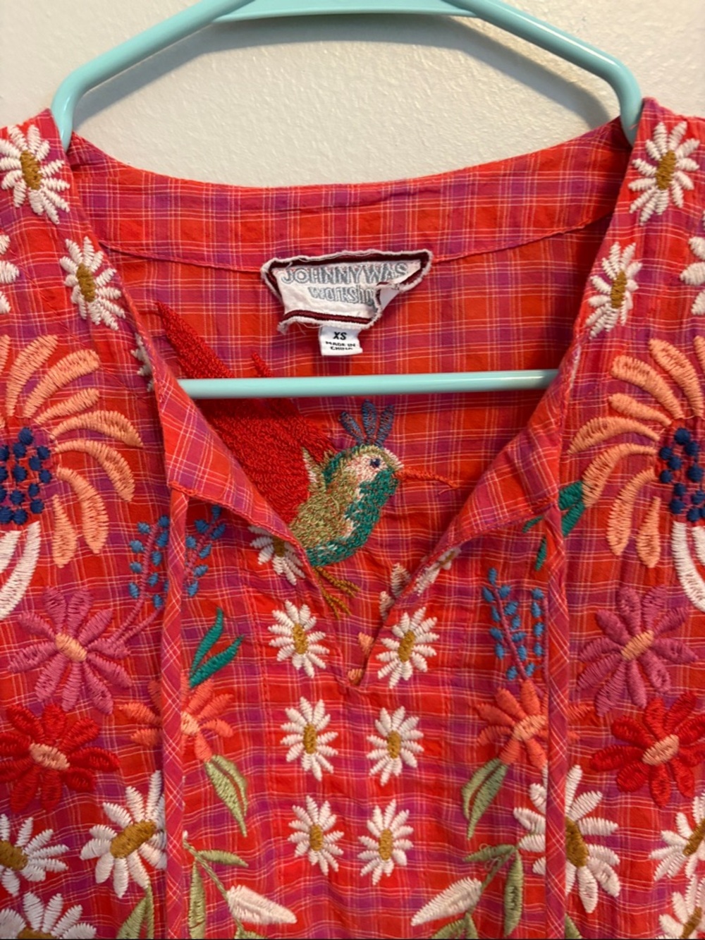 Johnny Was Workshop Red and Purple Plaid Embroidered Floral Peasant Blouse - Picture 3 of 10